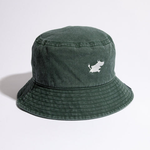 2. Studio shot of Moomin Classics green washed denim bucket hat, highlighting front Moomin logo