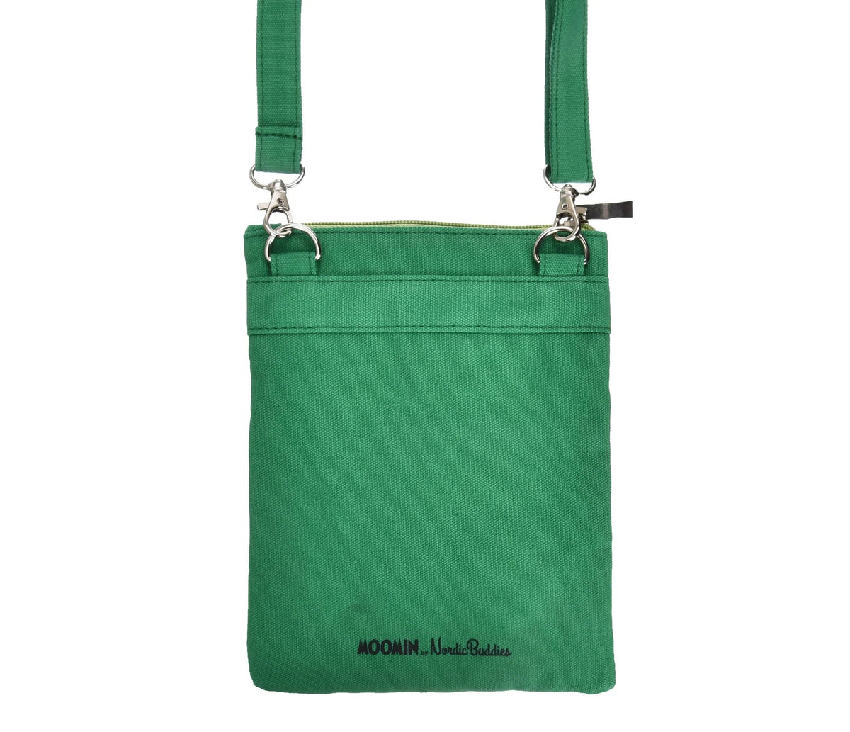 2. Back view of Moomintroll Adventuring Neck/Passport Bag in solid green canvas with Moomin by NordicBuddies branding