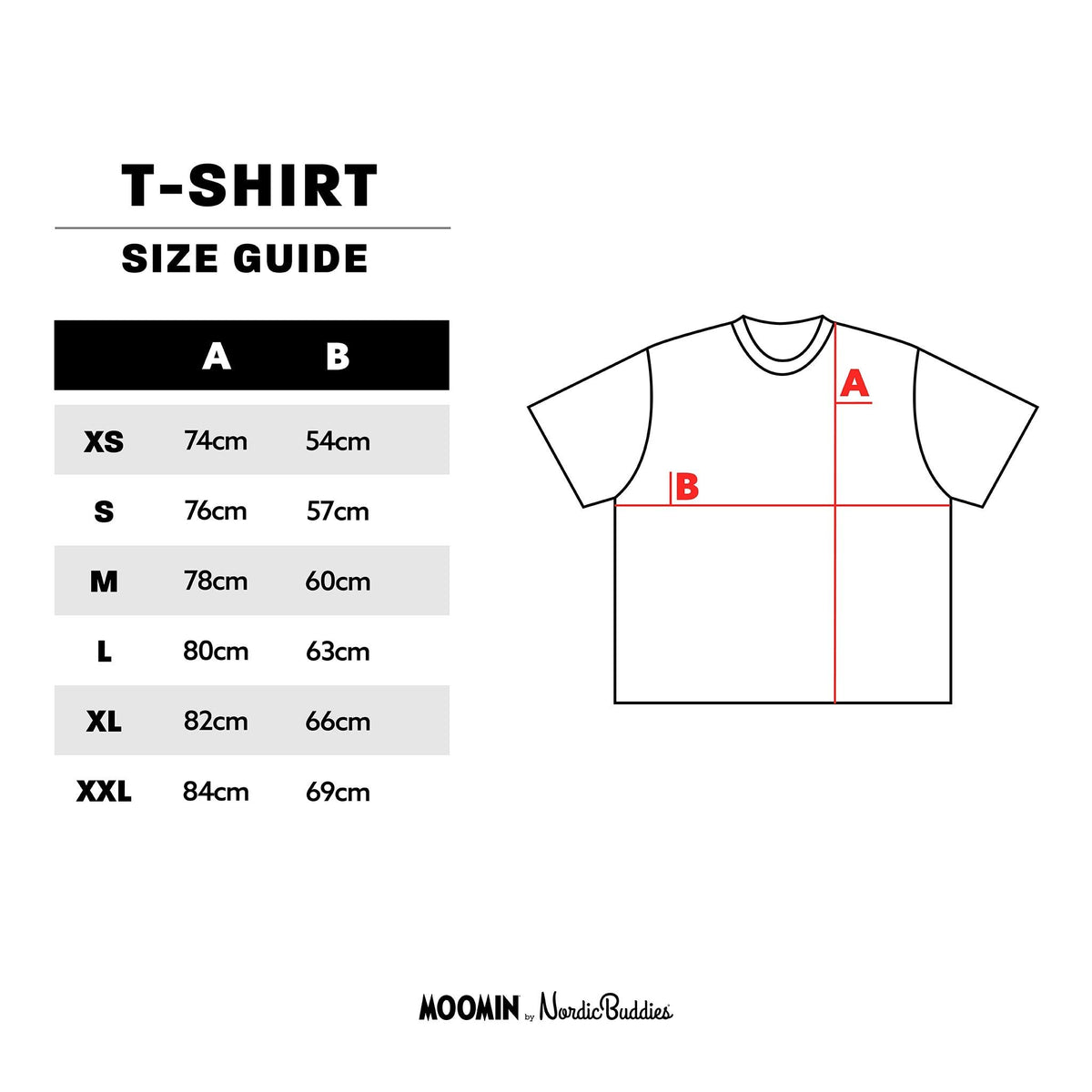 5. Size chart for Moomin unisex t-shirt showing measurements for sizes XS to XXL