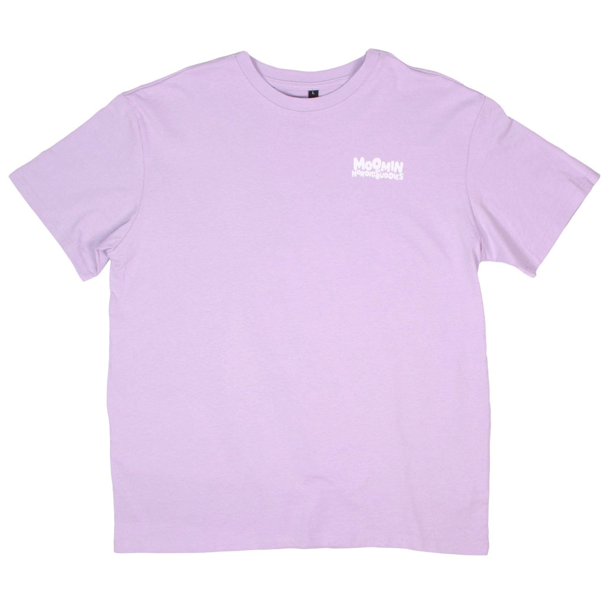 2. Studio shot of lilac Moomin unisex t-shirt with white Nordic Buddies logo on chest
