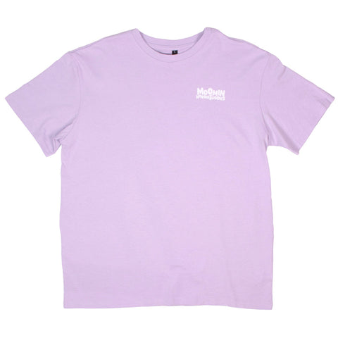 2. Studio shot of lilac Moomin unisex t-shirt with white Nordic Buddies logo on chest