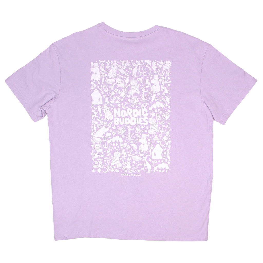 2. Back view of lilac Moomin unisex t-shirt with white Nordic Buddies print in studio setting