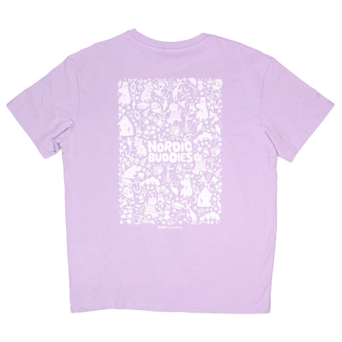 2. Back view of lilac Moomin unisex t-shirt with white Nordic Buddies print in studio setting