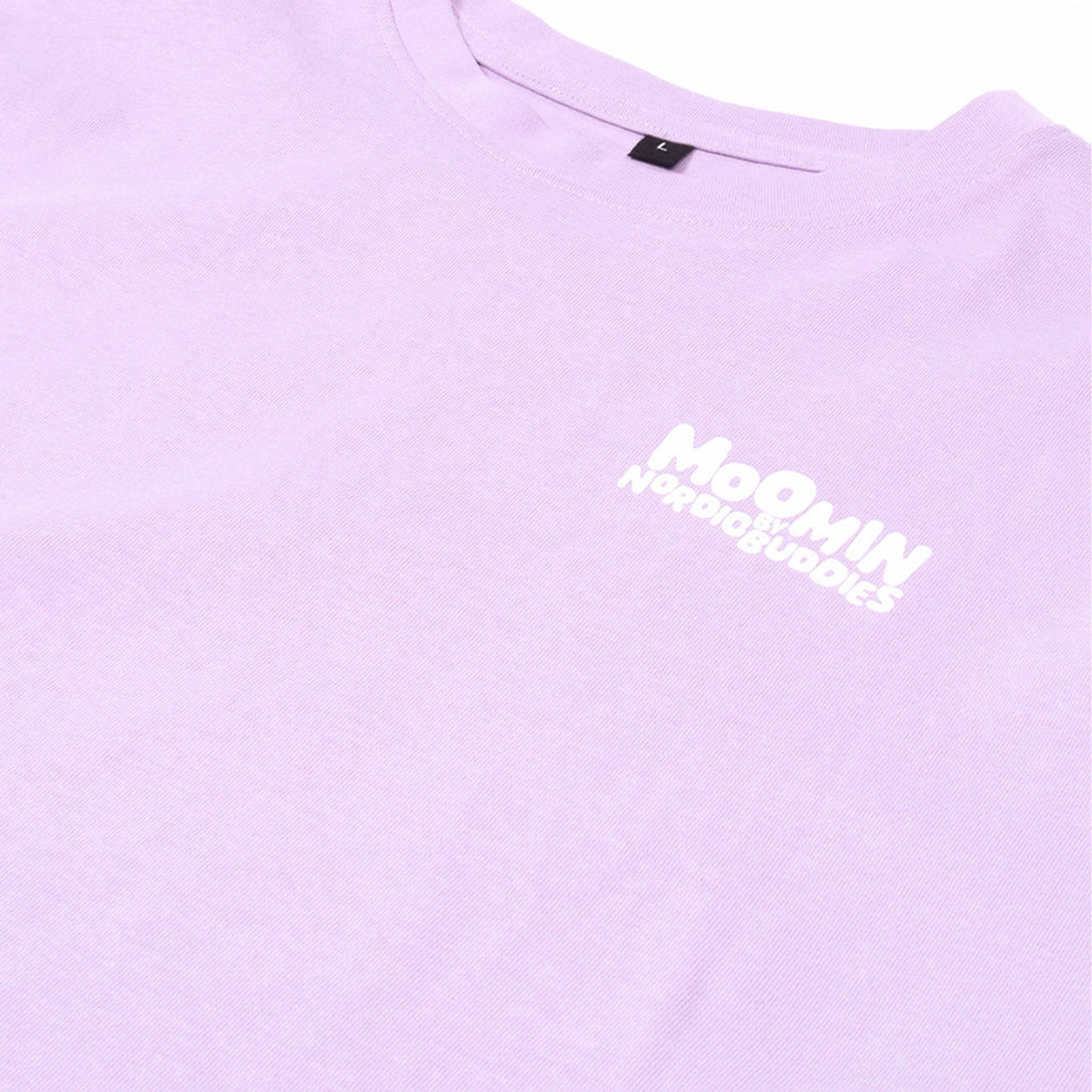 3. Close-up of lilac Moomin unisex t-shirt showing white Nordic Buddies logo on chest