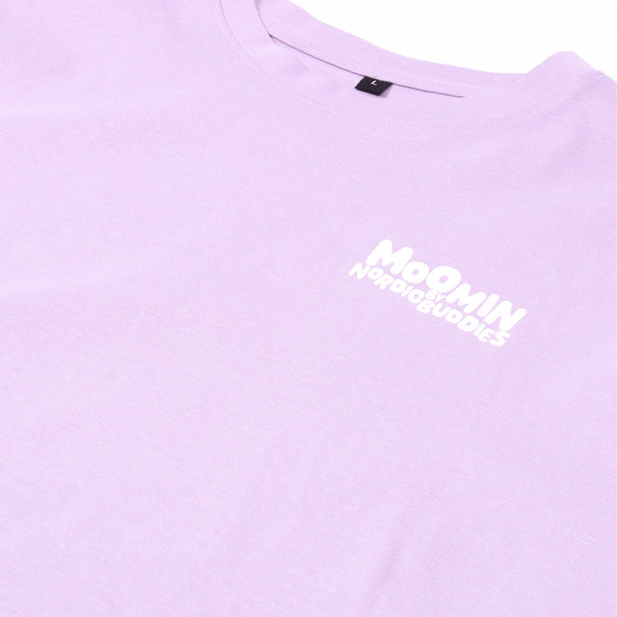 3. Close-up of lilac Moomin unisex t-shirt showing white Nordic Buddies logo on chest