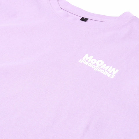 3. Close-up of lilac Moomin unisex t-shirt showing white Nordic Buddies logo on chest