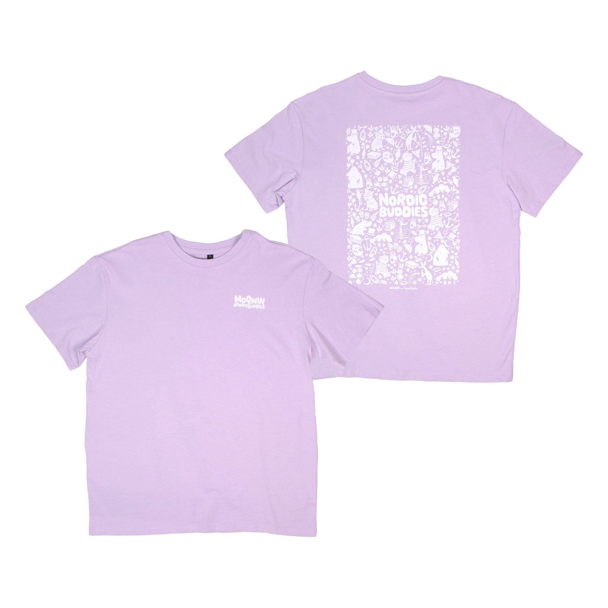 4. Flat lay of lilac Moomin unisex t-shirt showing front and back with Nordic Buddies print