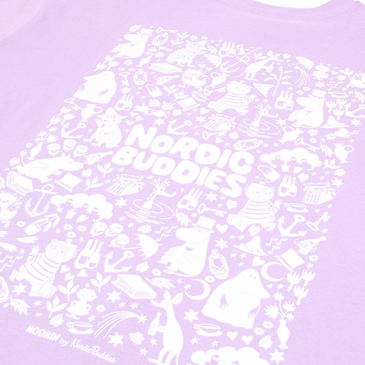 3. Close-up of white Nordic Buddies print on lilac Moomin unisex t-shirt