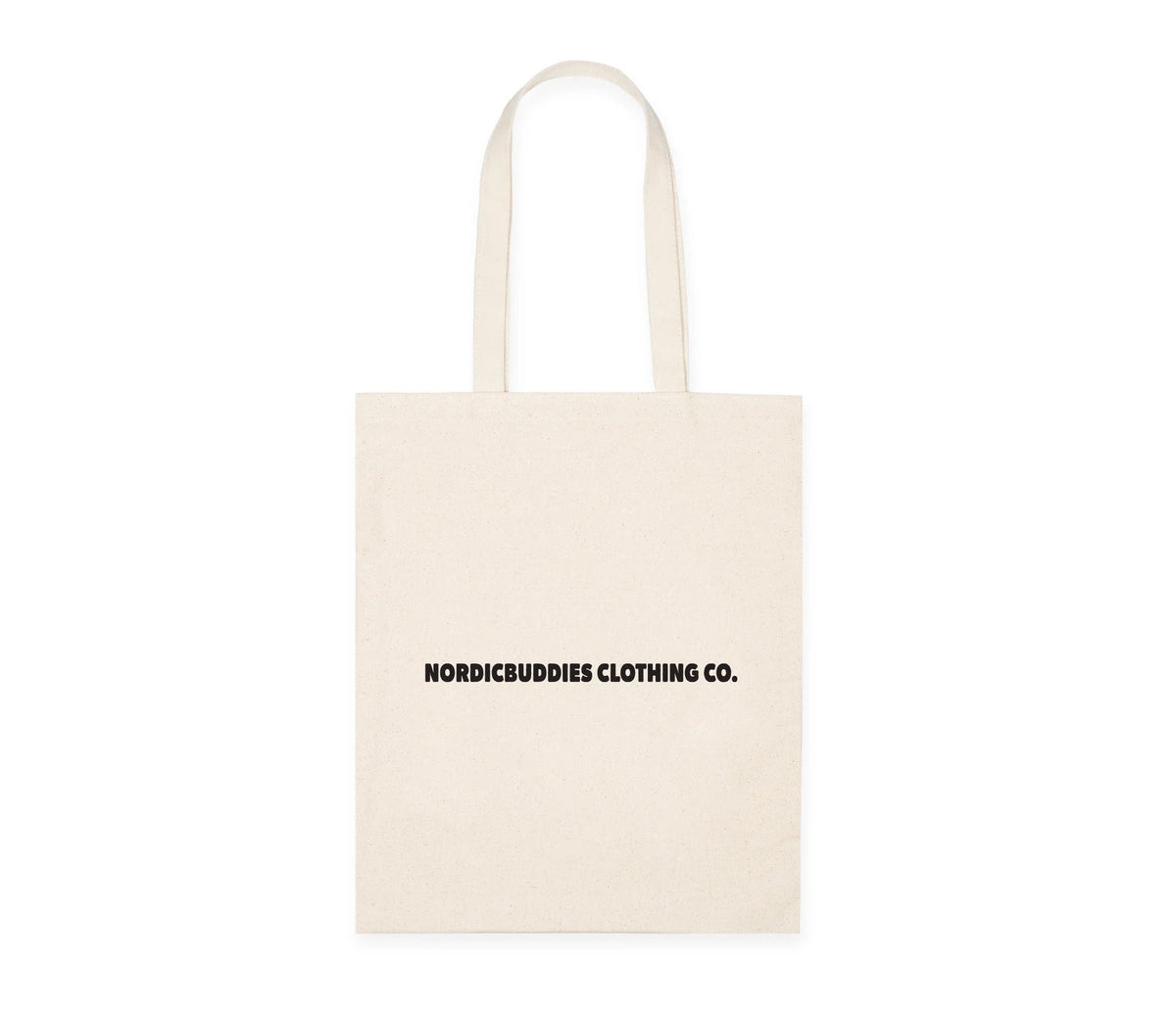2. Back view of Moomin by NordicBuddies beige tote bag with NordicBuddies Clothing Co. text