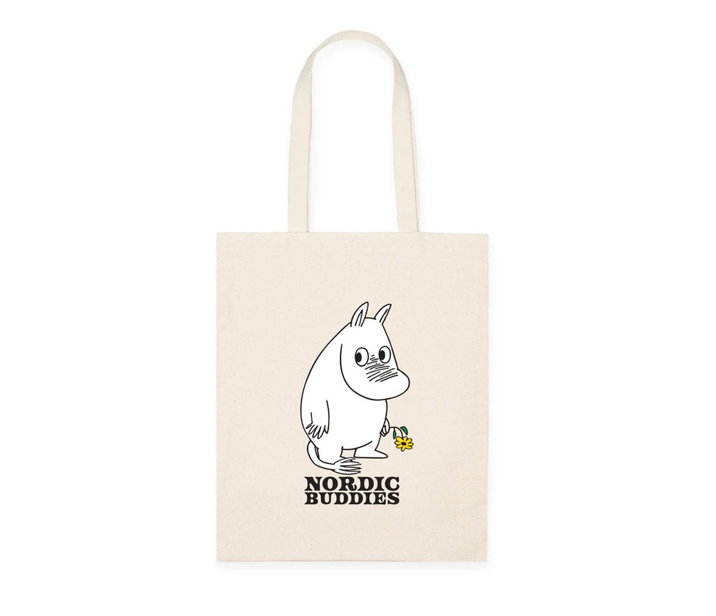 1. Moomin by NordicBuddies beige tote bag featuring Moomintroll with a flower, made from 100% heavy cotton