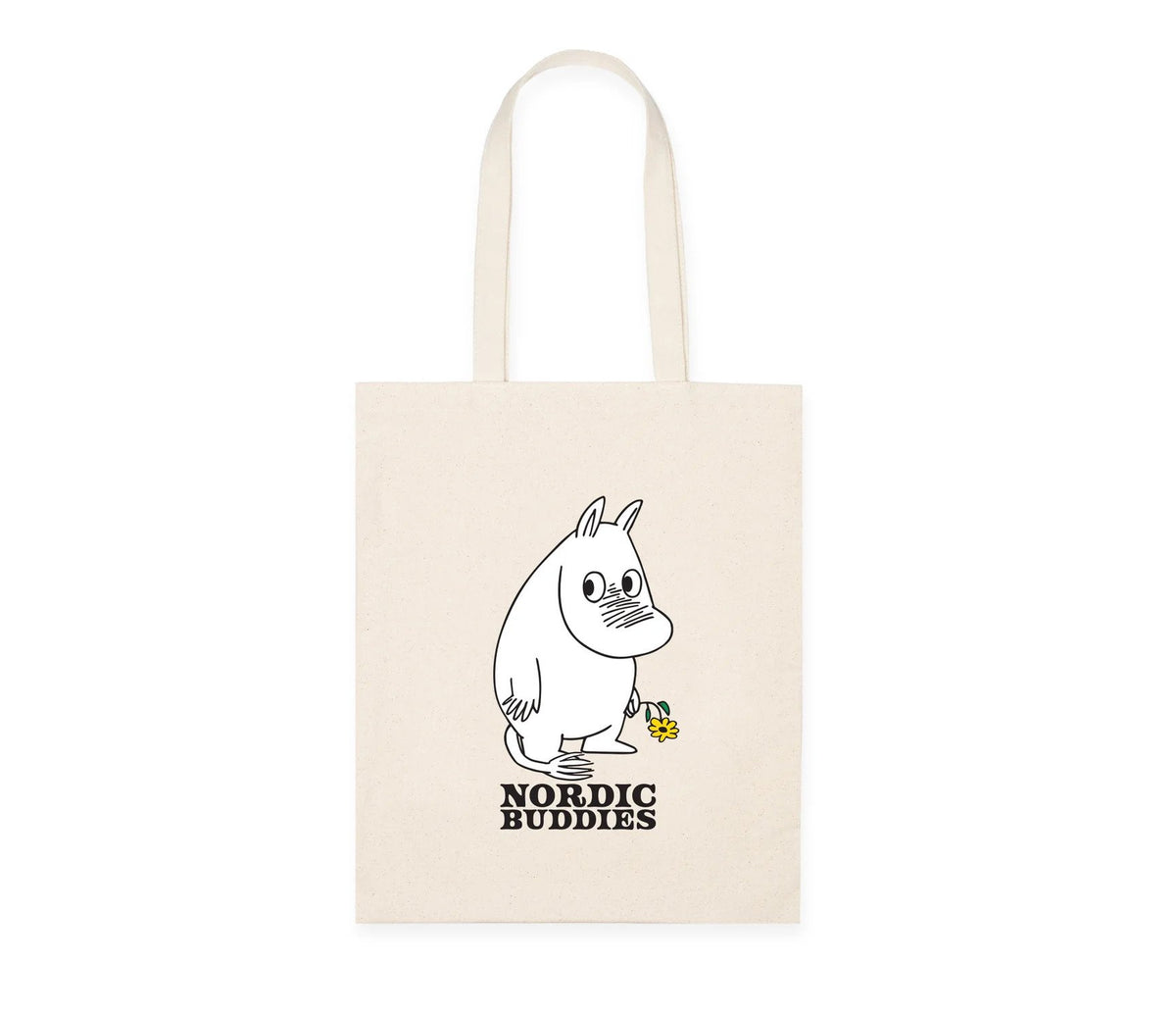 1. Moomin by NordicBuddies beige tote bag featuring Moomintroll with a flower, made from 100% heavy cotton