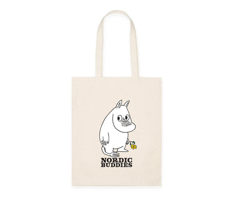 1. Moomin by NordicBuddies beige tote bag featuring Moomintroll with a flower, made from 100% heavy cotton