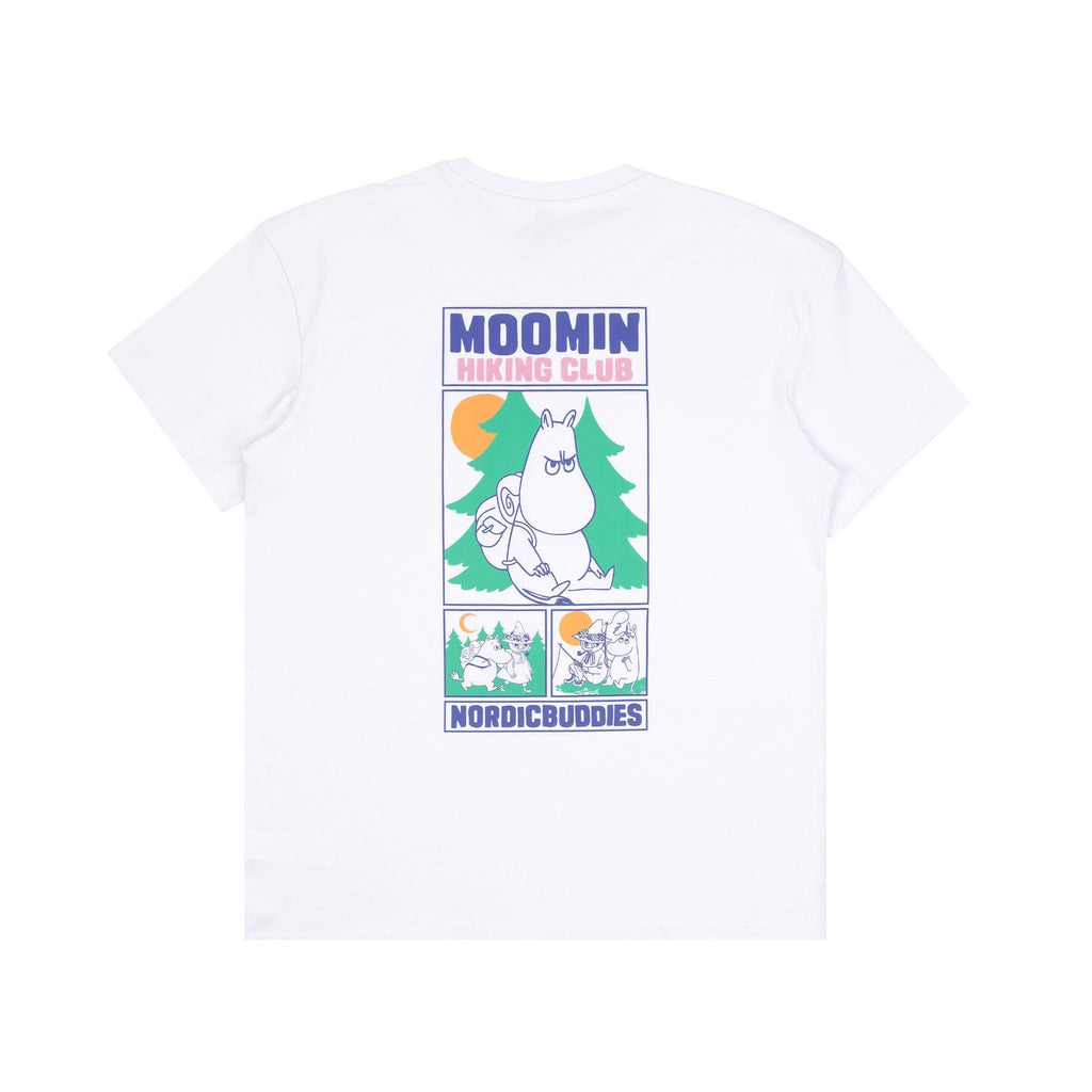 2. Back view of white Moomin Hiking Club T-shirt featuring colorful graphic print by NordicBuddies