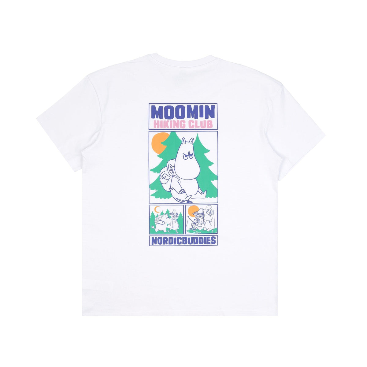 2. Back view of white Moomin Hiking Club T-shirt featuring colorful graphic print by NordicBuddies