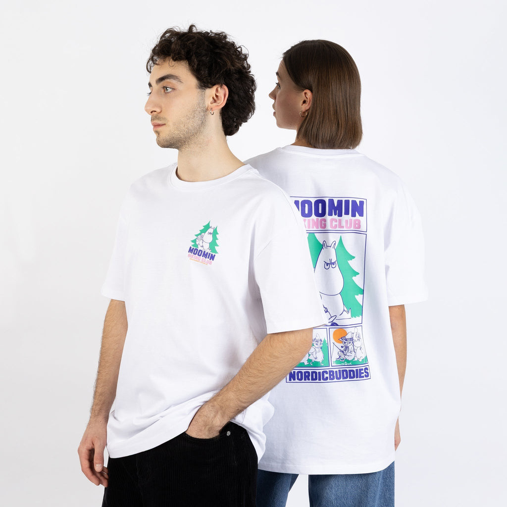 6. Man and woman wearing white Moomin Hiking Club T-shirts by NordicBuddies, showing front and back designs