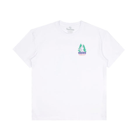 3. Front view of white Moomin Hiking Club T-shirt with small chest logo by NordicBuddies