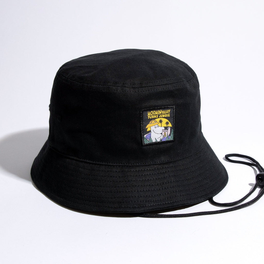 3. Studio shot of Moomin Jungle black bucket hat by NordicBuddies, featuring Moomin patch