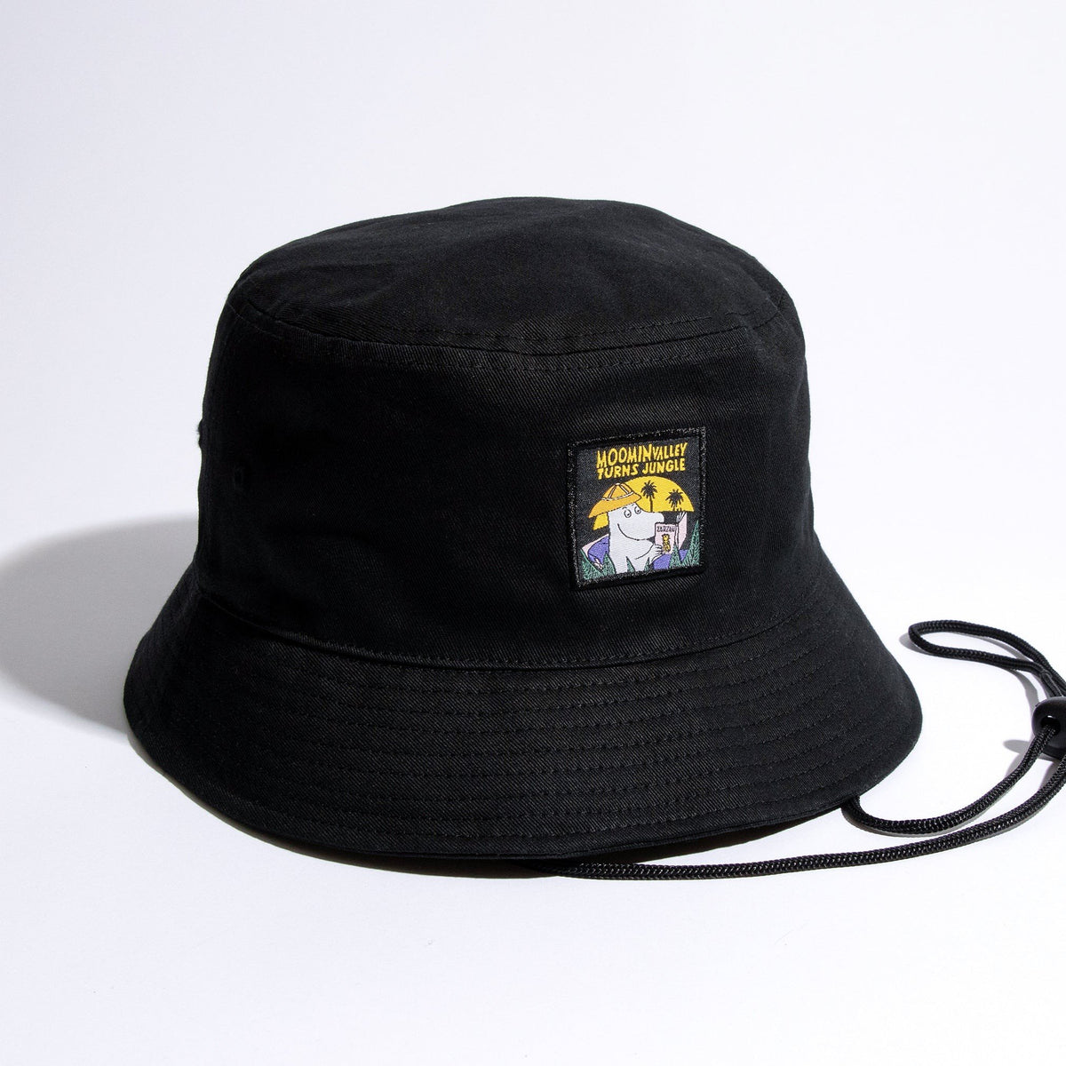 3. Studio shot of Moomin Jungle black bucket hat by NordicBuddies, featuring Moomin patch