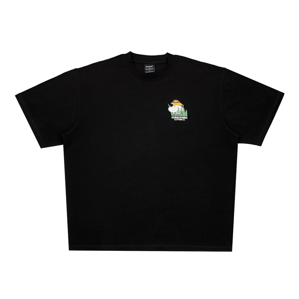 5. Back view of black Moomin Jungle t-shirt highlighting bold Moomin design