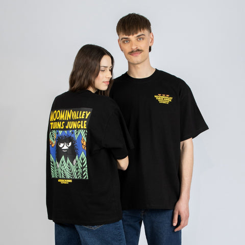 1. Unisex Moomin Jungle t-shirt worn by male and female models in studio, showcasing front and back design