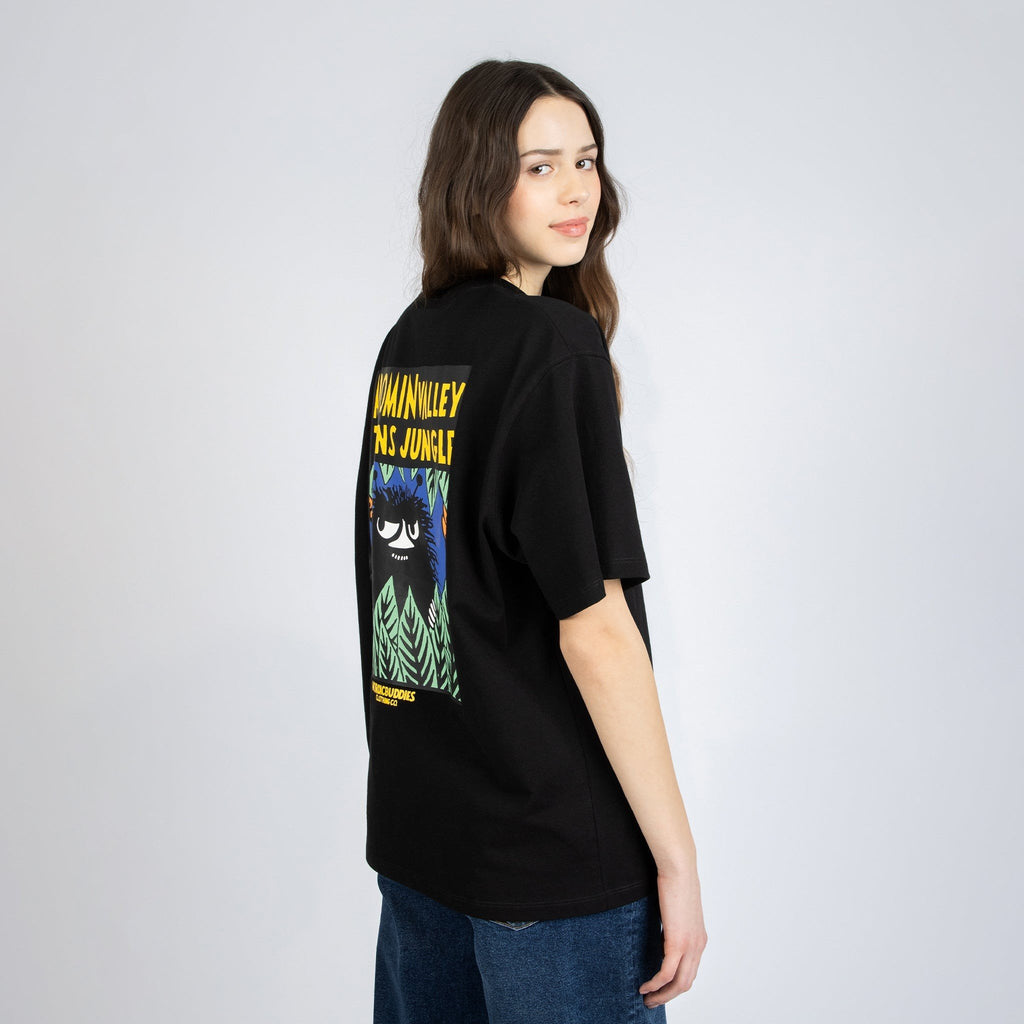2. Women's Moomin Jungle t-shirt shown from the back, highlighting bold design and relaxed fit