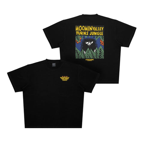 3. Flat lay of Moomin Jungle t-shirt showing front logo and back graphic design