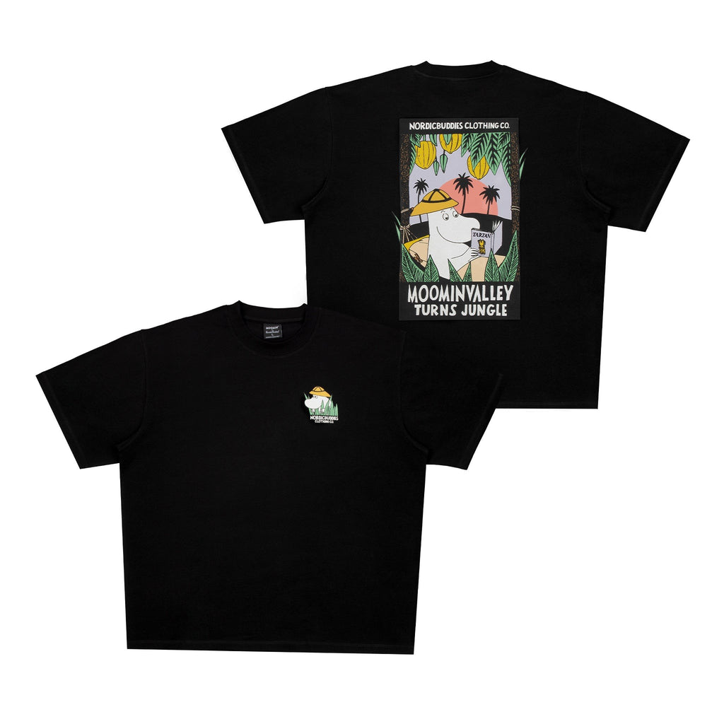 4. Black Moomin Jungle t-shirt with large back design and small front logo, shown front and back