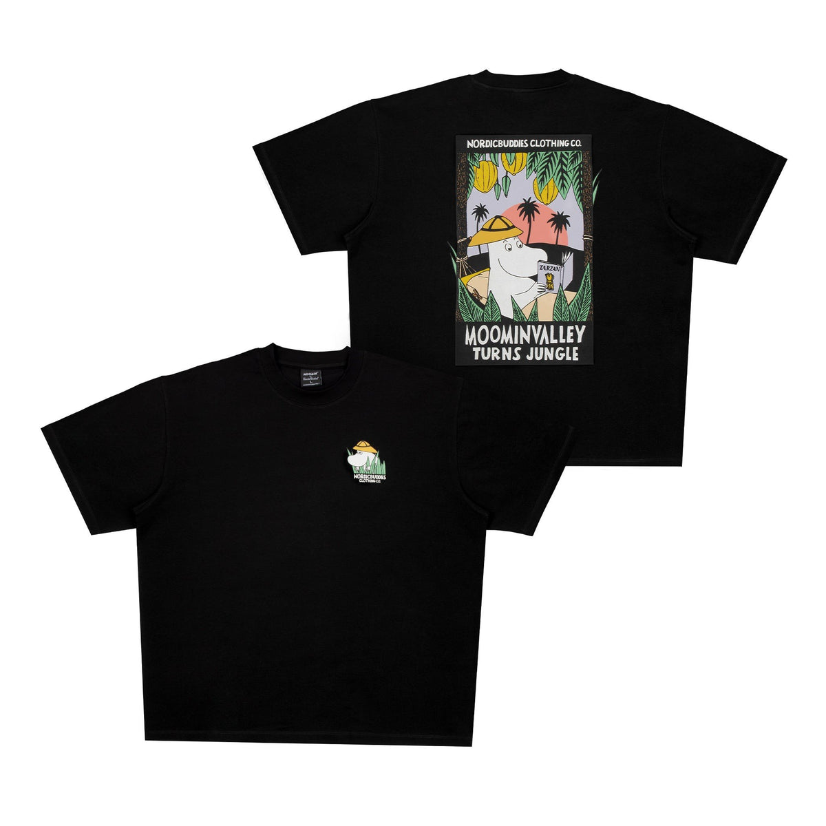 4. Black Moomin Jungle t-shirt with large back design and small front logo, shown front and back