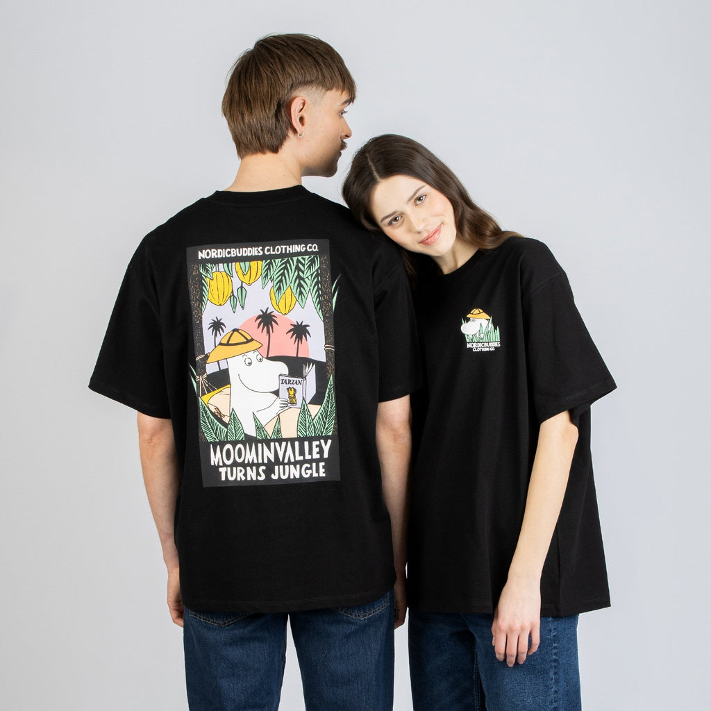 1. Unisex black Moomin Jungle t-shirt worn by male and female models, featuring bold back design and small front logo