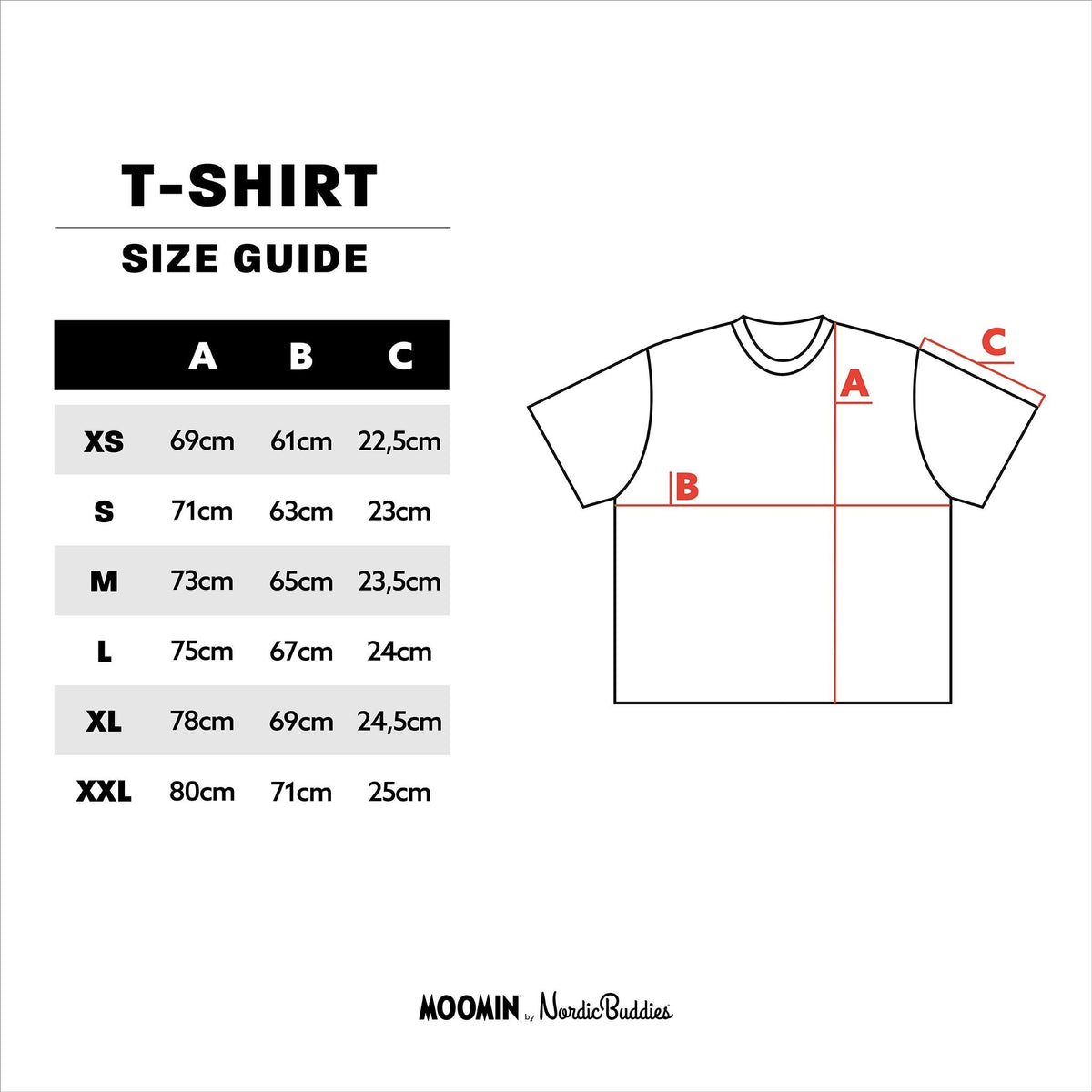 8. Size chart for Moomintroll Jungle T-shirt, showing measurements for sizes XS to XXL