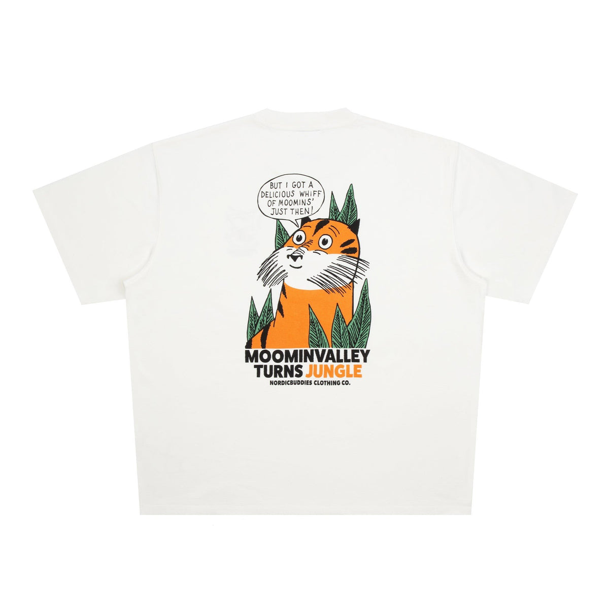 4. Flat lay of unisex white Moomin Jungle t-shirt, featuring bold back design