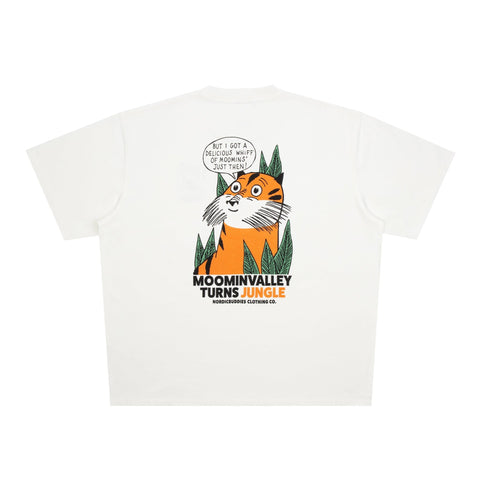 4. Flat lay of unisex white Moomin Jungle t-shirt, featuring bold back design