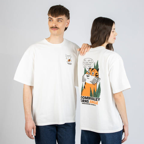 2. Unisex white Moomin Jungle t-shirt with male and female models, highlighting back and front designs in studio setting
