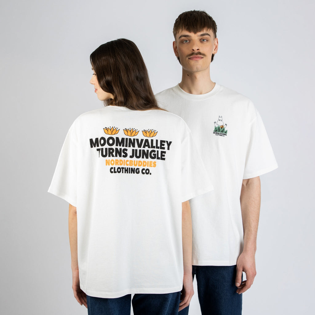 1. Unisex white Moomin Jungle t-shirt worn by male and female models, showcasing front and back design in studio