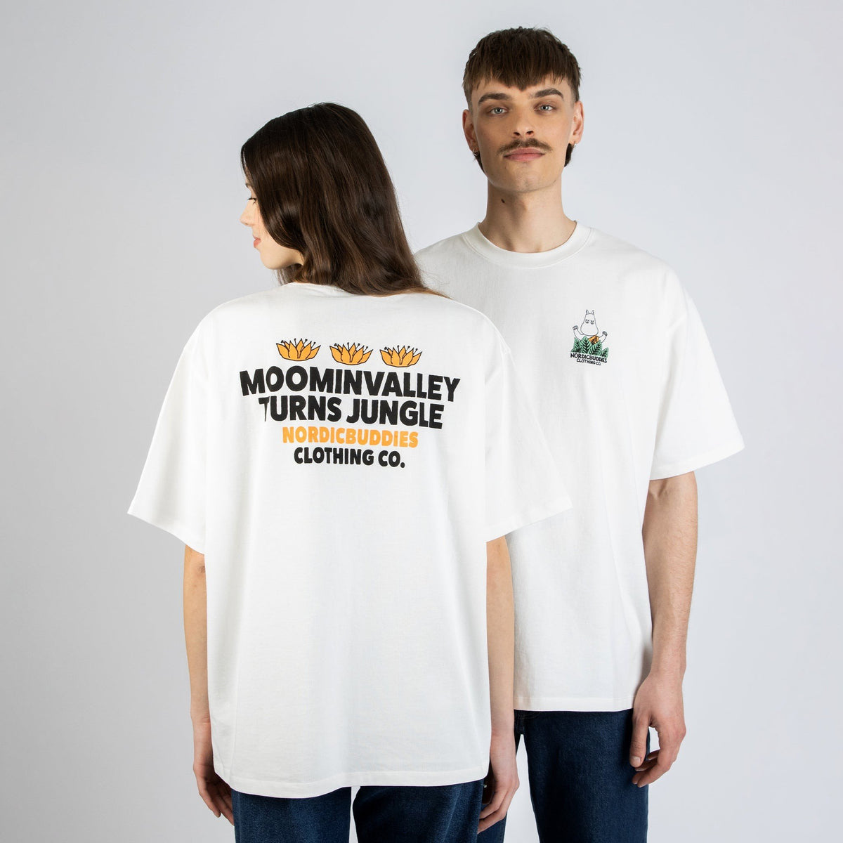1. Unisex white Moomin Jungle t-shirt worn by male and female models, showcasing front and back design in studio