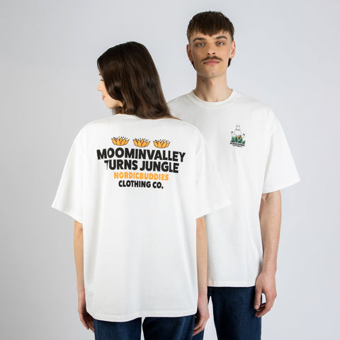 1. Unisex white Moomin Jungle t-shirt worn by male and female models, showcasing front and back design in studio