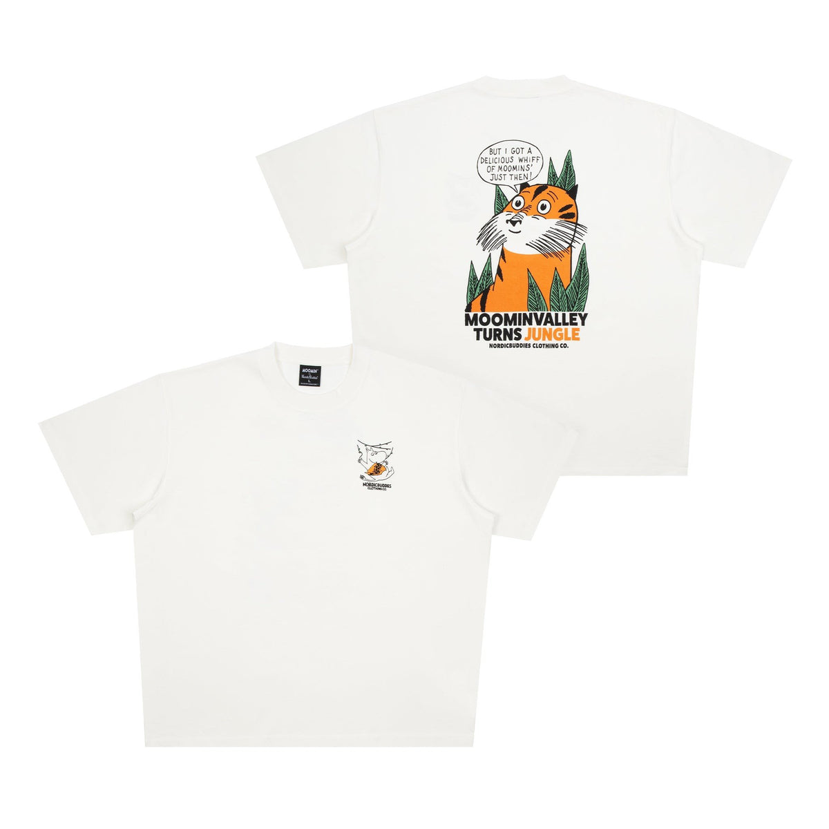 7. Front and back view of unisex white Moomin Jungle t-shirt, showcasing designs