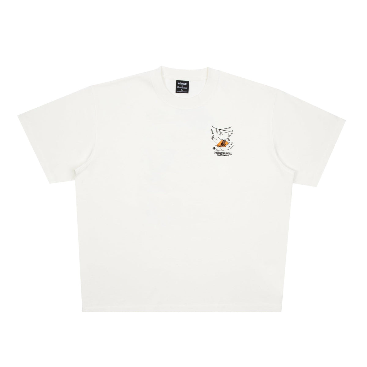 5. Flat lay of unisex white Moomin Jungle t-shirt, highlighting small front logo