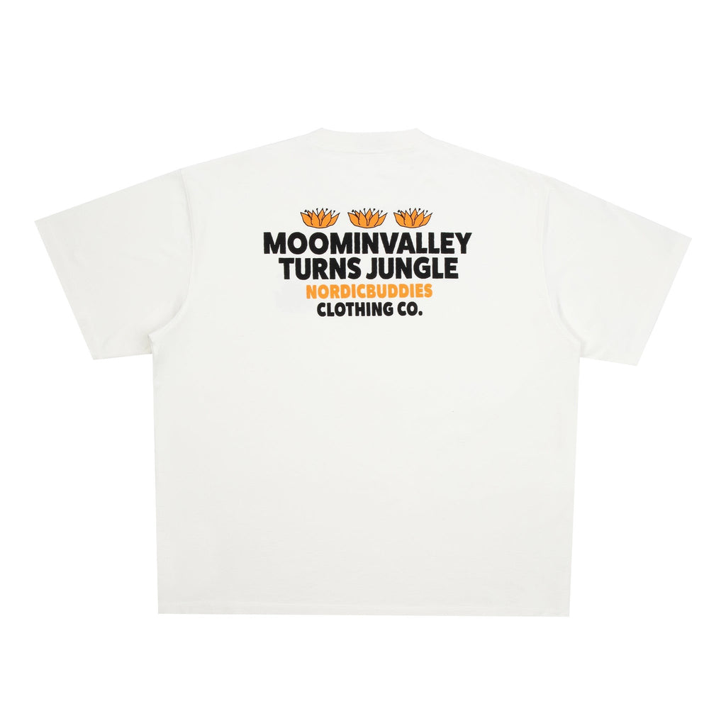 4. Back view of white Moomin Jungle t-shirt with bold text and graphic design