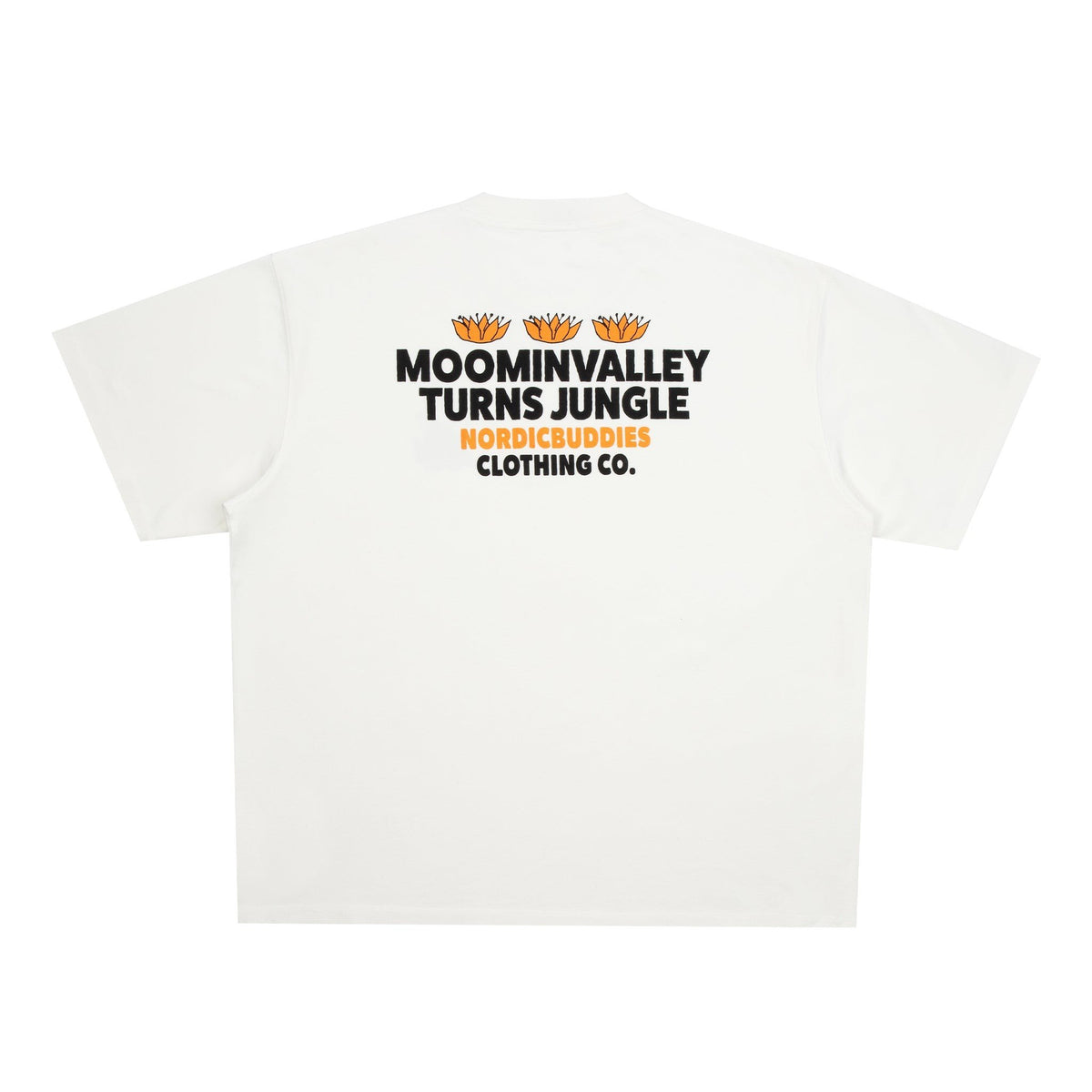 4. Back view of white Moomin Jungle t-shirt with bold text and graphic design