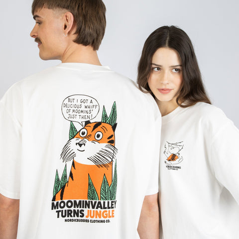 1. Unisex white Moomin Jungle t-shirt worn by male and female models, showcasing bold back design and small front logo