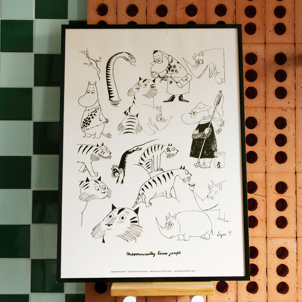 1. Moomin Jungle Poster by NordicBuddies displayed in a stylish interior setting, 30x40 cm