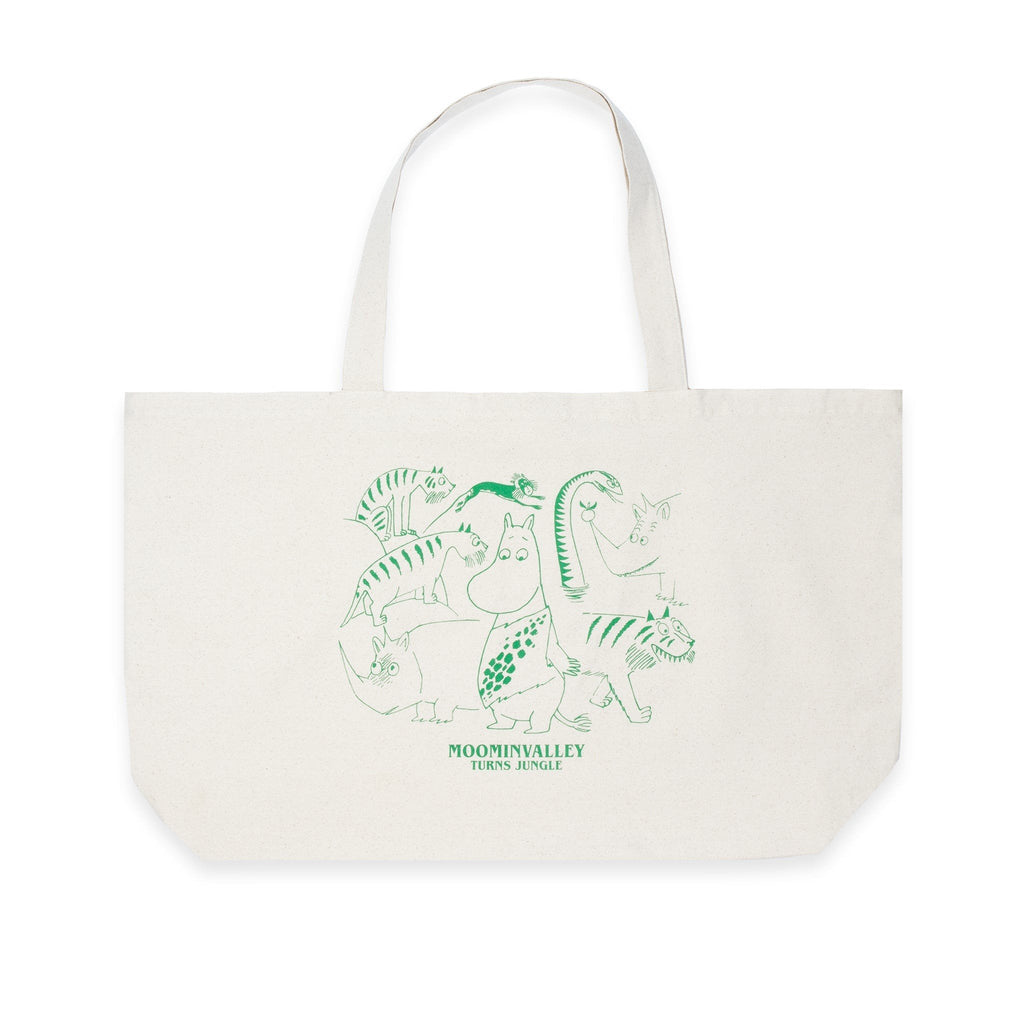 2. Moomin Jungle XXL tote bag in off-white with green Moomin design, front view