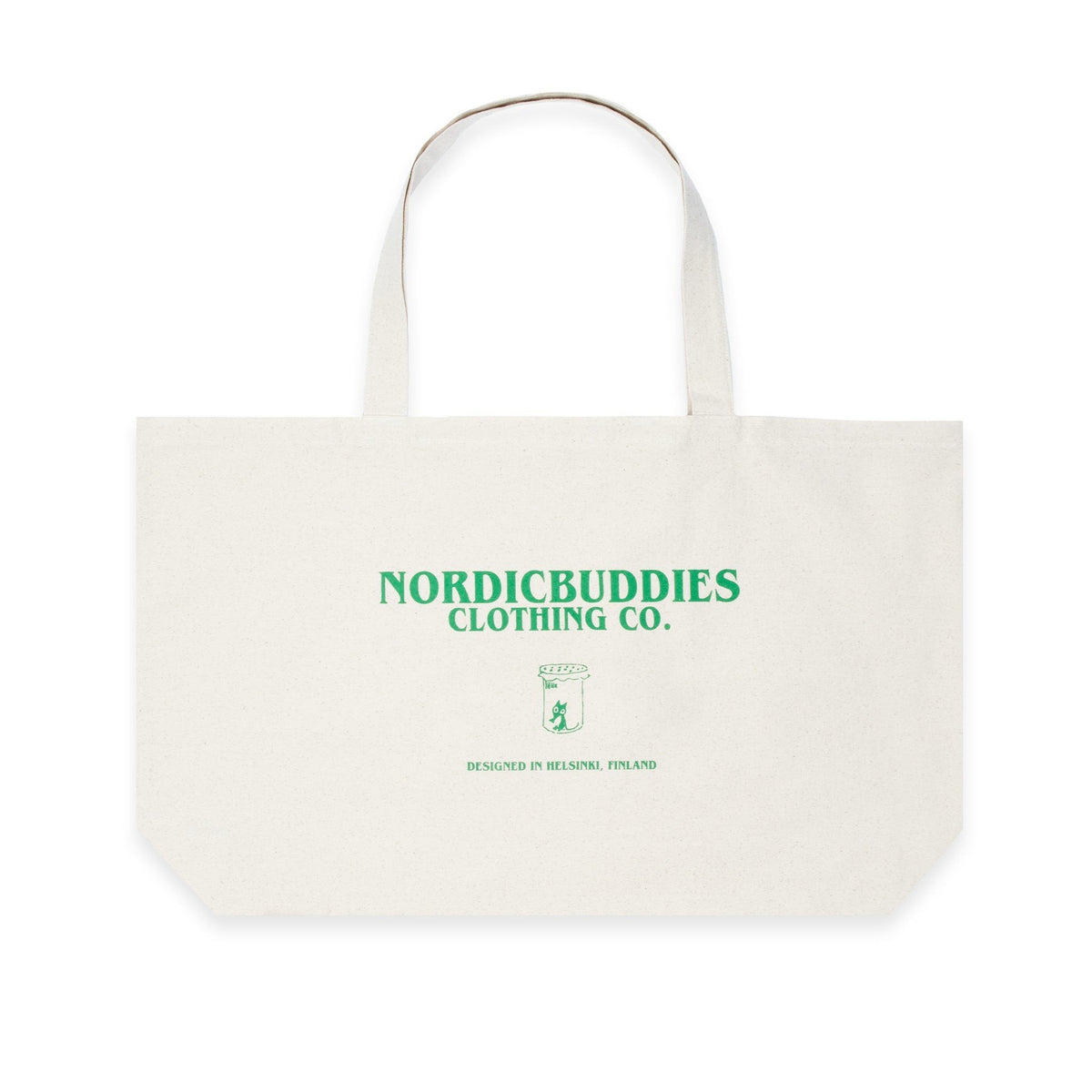 3. Back view of Moomin Jungle XXL tote bag showing NordicBuddies branding in green