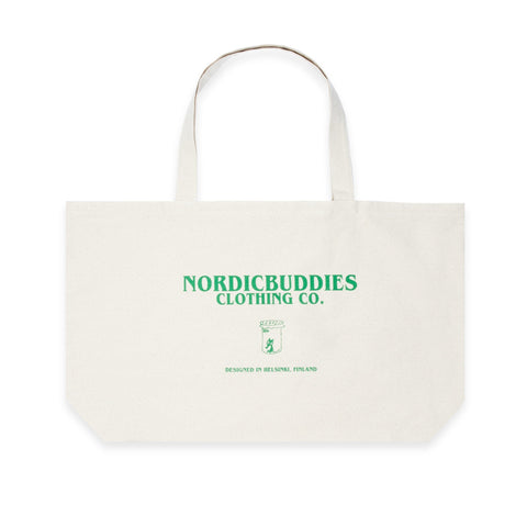 3. Back view of Moomin Jungle XXL tote bag showing NordicBuddies branding in green
