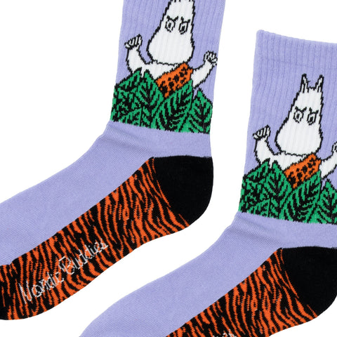 3. Close-up of Moomin Jungle Women's Retro Socks in purple, highlighting jungle design and NordicBuddies branding
