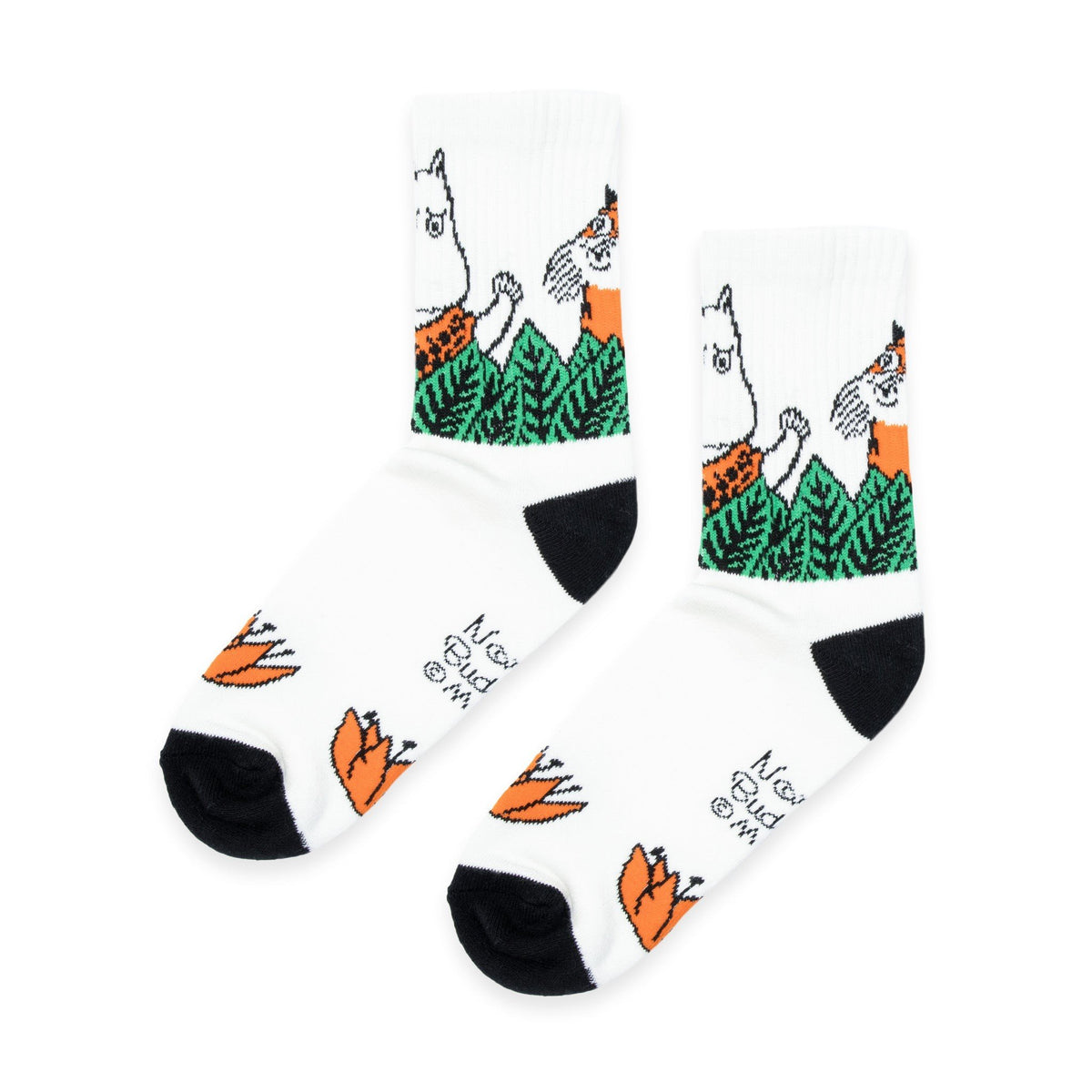 2. Studio image of Moomin Jungle Women's Retro Socks in white with playful design