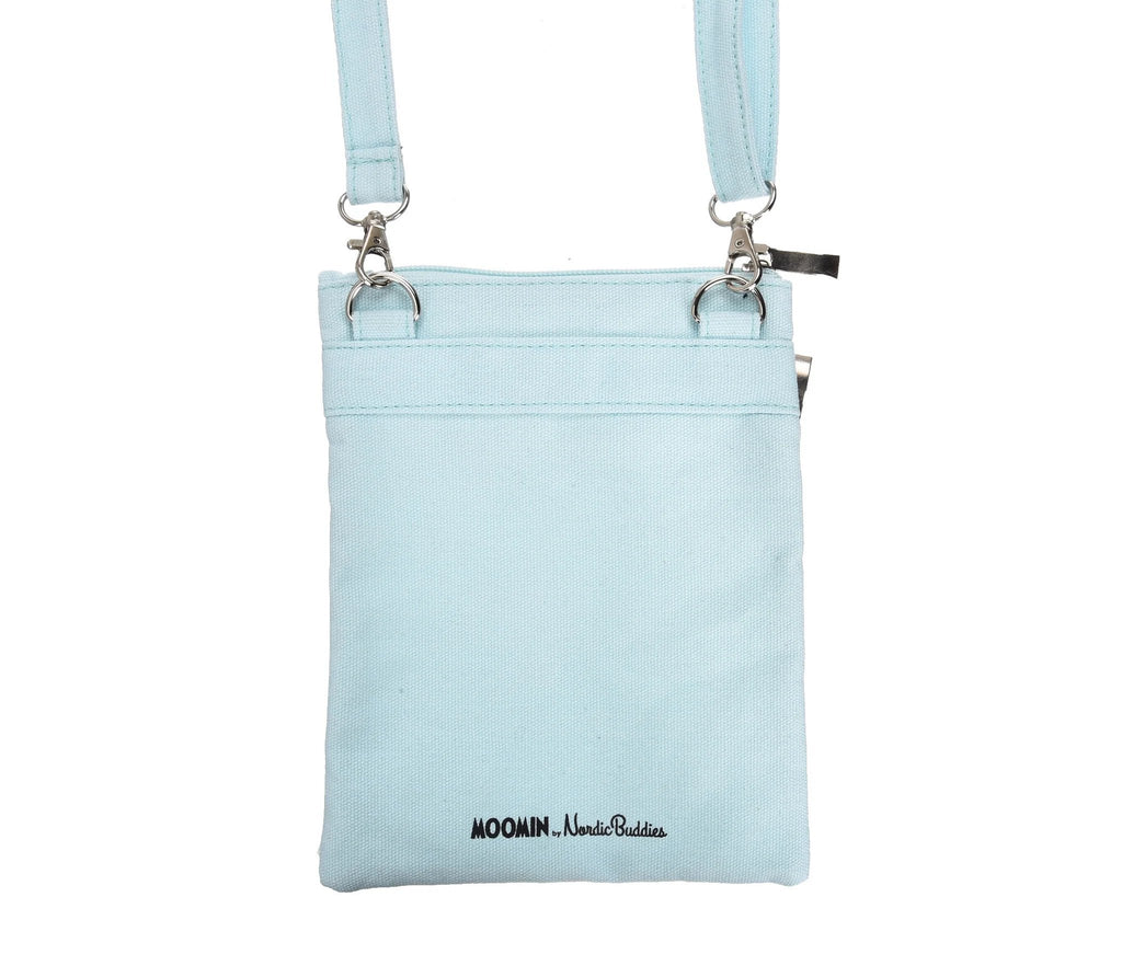 2. Back view of Moomins Up In The Clouds turquoise passport neck bag, highlighting Moomin by NordicBuddies logo and canvas material