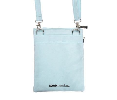 2. Back view of Moomins Up In The Clouds turquoise passport neck bag, highlighting Moomin by NordicBuddies logo and canvas material