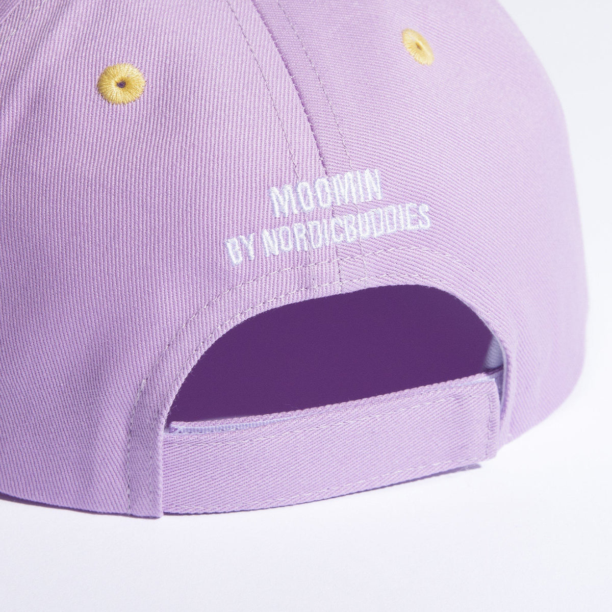 2. Back view of Moomin Snorkmaiden kids flat cap showing adjustable strap and Moomin by NordicBuddies branding